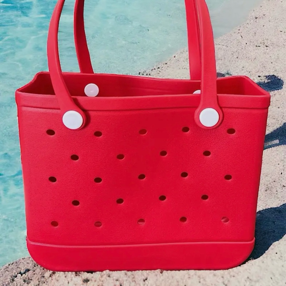 NWT Red Waterproof Beach Please Rubber Bag Tote